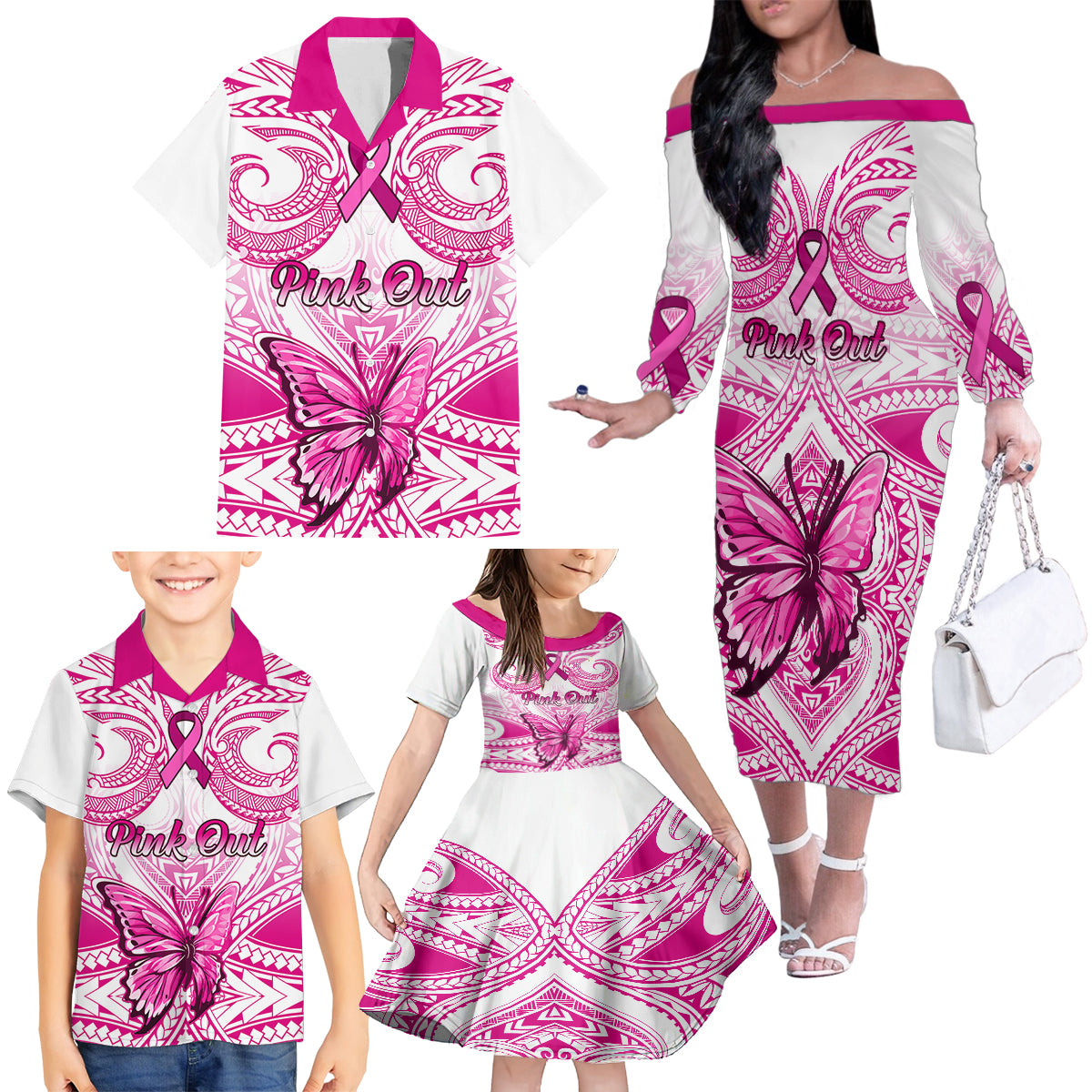 Personalised Pink Out Family Matching Off Shoulder Long Sleeve Dress and Hawaiian Shirt Breast Cancer Awareness Polynesian Pattern White Version LT01 - Polynesian Pride