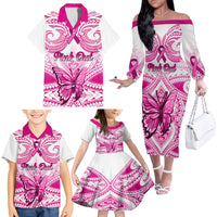 Personalised Pink Out Family Matching Off Shoulder Long Sleeve Dress and Hawaiian Shirt Breast Cancer Awareness Polynesian Pattern White Version LT01 - Polynesian Pride