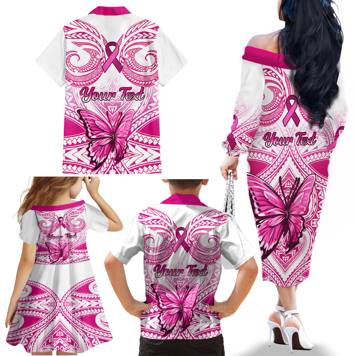 Personalised Pink Out Family Matching Off Shoulder Long Sleeve Dress and Hawaiian Shirt Breast Cancer Awareness Polynesian Pattern White Version LT01 - Polynesian Pride