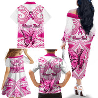 Personalised Pink Out Family Matching Off Shoulder Long Sleeve Dress and Hawaiian Shirt Breast Cancer Awareness Polynesian Pattern White Version LT01 - Polynesian Pride