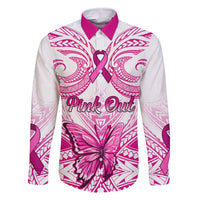 Personalised Pink Out Family Matching Off Shoulder Long Sleeve Dress and Hawaiian Shirt Breast Cancer Awareness Polynesian Pattern White Version LT01 Dad's Shirt - Long Sleeve White - Polynesian Pride