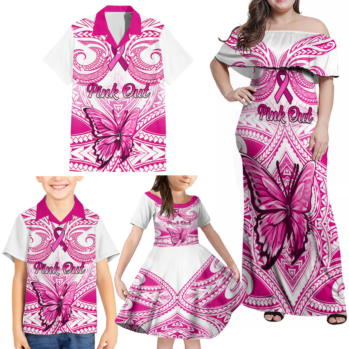 Personalised Pink Out Family Matching Off Shoulder Maxi Dress and Hawaiian Shirt Breast Cancer Awareness Polynesian Pattern White Version LT01 - Polynesian Pride
