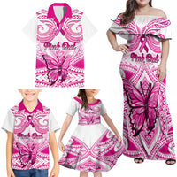 Personalised Pink Out Family Matching Off Shoulder Maxi Dress and Hawaiian Shirt Breast Cancer Awareness Polynesian Pattern White Version LT01 - Polynesian Pride