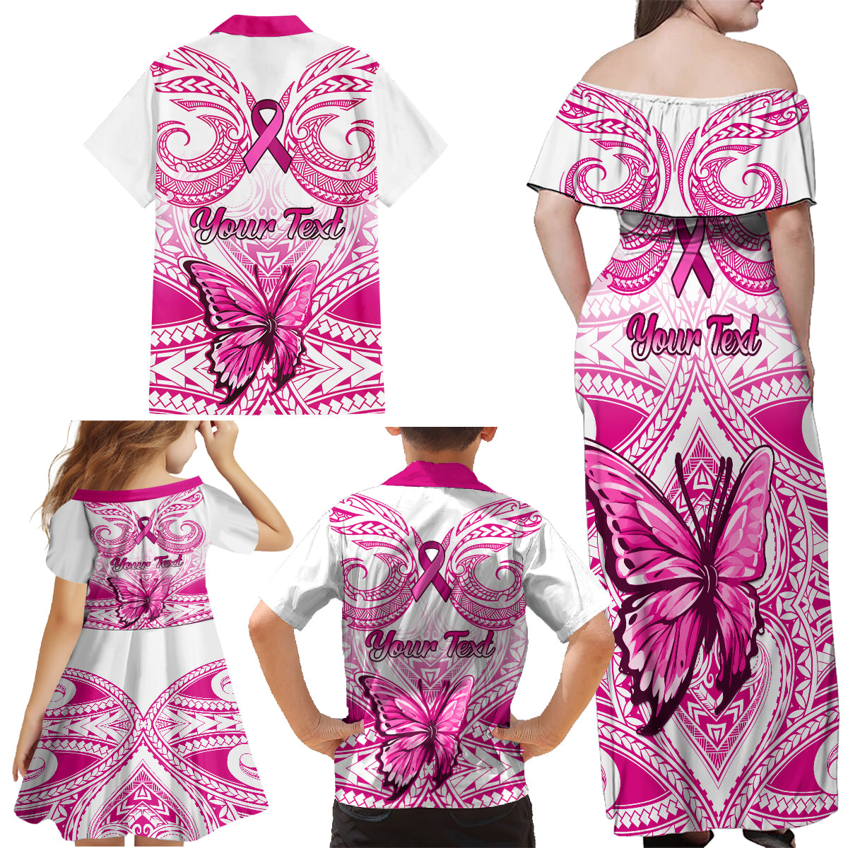 Personalised Pink Out Family Matching Off Shoulder Maxi Dress and Hawaiian Shirt Breast Cancer Awareness Polynesian Pattern White Version LT01 - Polynesian Pride