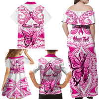 Personalised Pink Out Family Matching Off Shoulder Maxi Dress and Hawaiian Shirt Breast Cancer Awareness Polynesian Pattern White Version LT01 - Polynesian Pride
