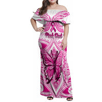 Personalised Pink Out Family Matching Off Shoulder Maxi Dress and Hawaiian Shirt Breast Cancer Awareness Polynesian Pattern White Version LT01 Mom's Dress White - Polynesian Pride