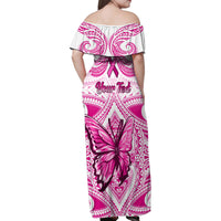 Personalised Pink Out Family Matching Off Shoulder Maxi Dress and Hawaiian Shirt Breast Cancer Awareness Polynesian Pattern White Version LT01 - Polynesian Pride