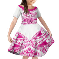 Personalised Pink Out Family Matching Off Shoulder Short Dress and Hawaiian Shirt Breast Cancer Awareness Polynesian Pattern White Version LT01 Daughter's Dress White - Polynesian Pride
