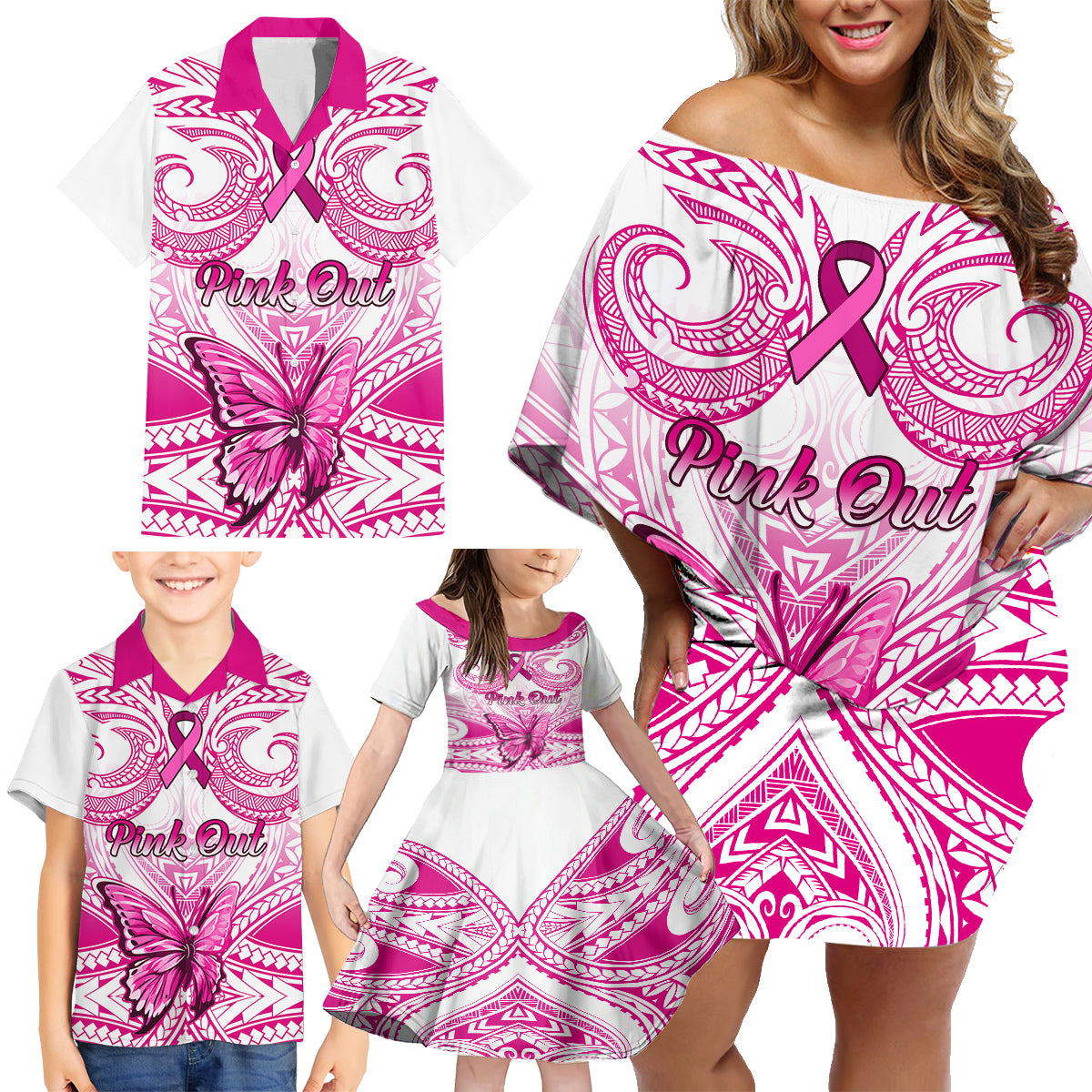 Personalised Pink Out Family Matching Off Shoulder Short Dress and Hawaiian Shirt Breast Cancer Awareness Polynesian Pattern White Version LT01 - Polynesian Pride