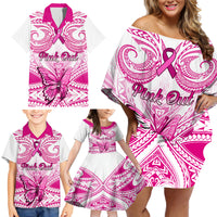 Personalised Pink Out Family Matching Off Shoulder Short Dress and Hawaiian Shirt Breast Cancer Awareness Polynesian Pattern White Version LT01 - Polynesian Pride
