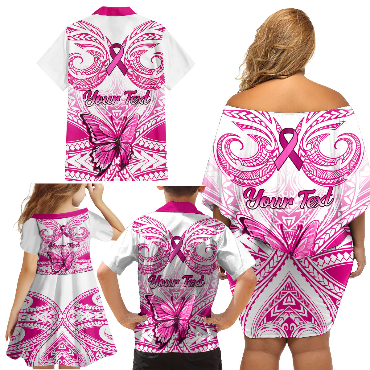 Personalised Pink Out Family Matching Off Shoulder Short Dress and Hawaiian Shirt Breast Cancer Awareness Polynesian Pattern White Version LT01 - Polynesian Pride