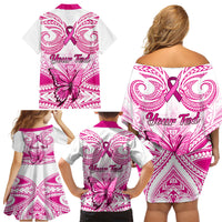 Personalised Pink Out Family Matching Off Shoulder Short Dress and Hawaiian Shirt Breast Cancer Awareness Polynesian Pattern White Version LT01 - Polynesian Pride