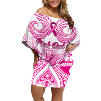 Personalised Pink Out Family Matching Off Shoulder Short Dress and Hawaiian Shirt Breast Cancer Awareness Polynesian Pattern White Version LT01 Mom's Dress White - Polynesian Pride