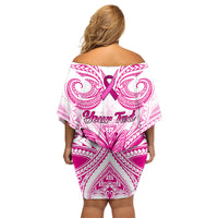 Personalised Pink Out Family Matching Off Shoulder Short Dress and Hawaiian Shirt Breast Cancer Awareness Polynesian Pattern White Version LT01 - Polynesian Pride