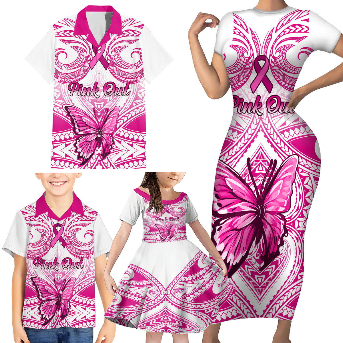 Personalised Pink Out Family Matching Short Sleeve Bodycon Dress and Hawaiian Shirt Breast Cancer Awareness Polynesian Pattern White Version LT01 - Polynesian Pride