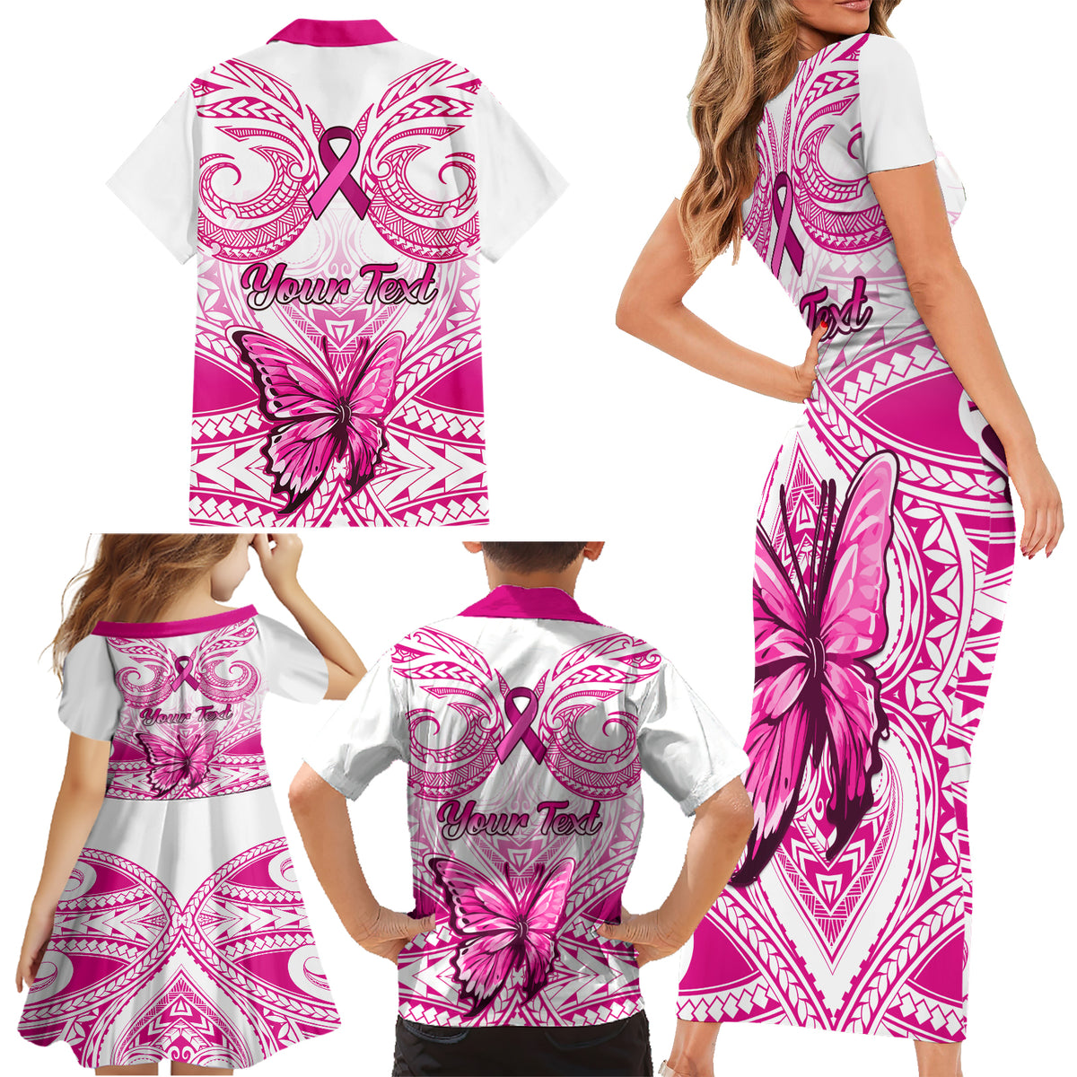Personalised Pink Out Family Matching Short Sleeve Bodycon Dress and Hawaiian Shirt Breast Cancer Awareness Polynesian Pattern White Version LT01 - Polynesian Pride