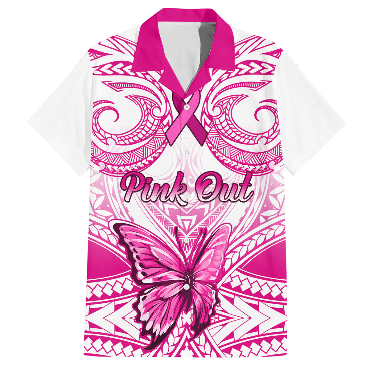 Personalised Pink Out Family Matching Short Sleeve Bodycon Dress and Hawaiian Shirt Breast Cancer Awareness Polynesian Pattern White Version LT01 Dad's Shirt - Short Sleeve White - Polynesian Pride