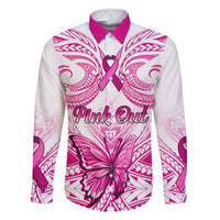 Personalised Pink Out Family Matching Short Sleeve Bodycon Dress and Hawaiian Shirt Breast Cancer Awareness Polynesian Pattern White Version LT01 Dad's Shirt - Long Sleeve White - Polynesian Pride