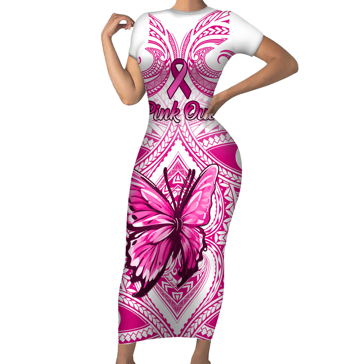 Personalised Pink Out Family Matching Short Sleeve Bodycon Dress and Hawaiian Shirt Breast Cancer Awareness Polynesian Pattern White Version LT01 Mom's Dress White - Polynesian Pride
