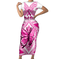 Personalised Pink Out Family Matching Short Sleeve Bodycon Dress and Hawaiian Shirt Breast Cancer Awareness Polynesian Pattern White Version LT01 Mom's Dress White - Polynesian Pride