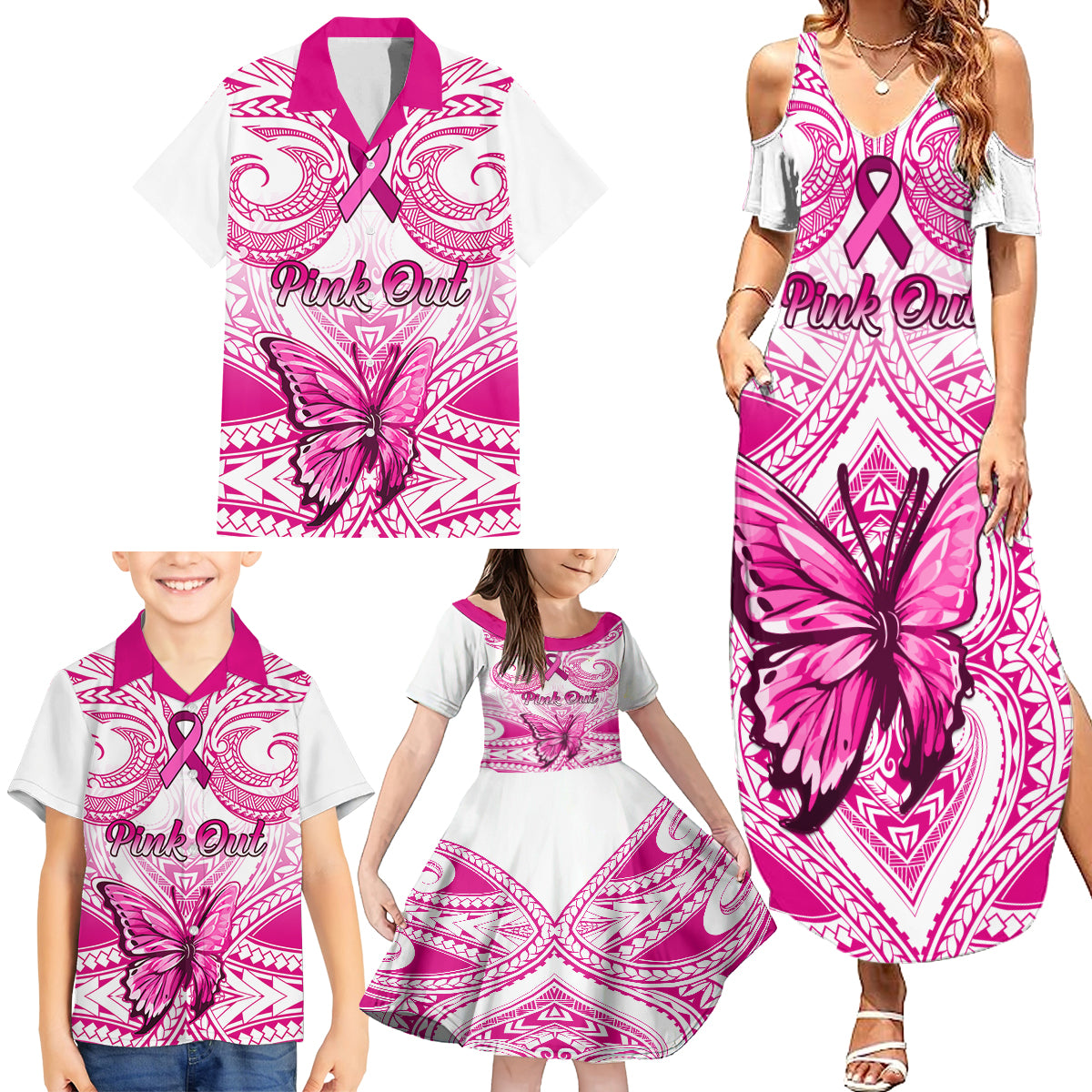 Personalised Pink Out Family Matching Summer Maxi Dress and Hawaiian Shirt Breast Cancer Awareness Polynesian Pattern White Version LT01 - Polynesian Pride