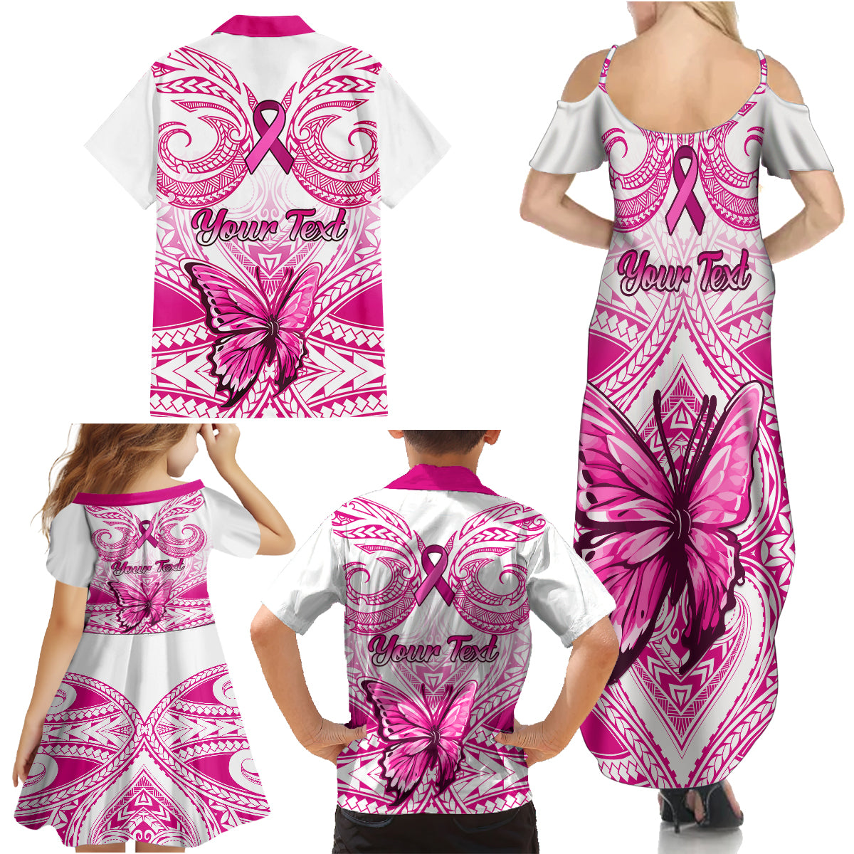 Personalised Pink Out Family Matching Summer Maxi Dress and Hawaiian Shirt Breast Cancer Awareness Polynesian Pattern White Version LT01 - Polynesian Pride