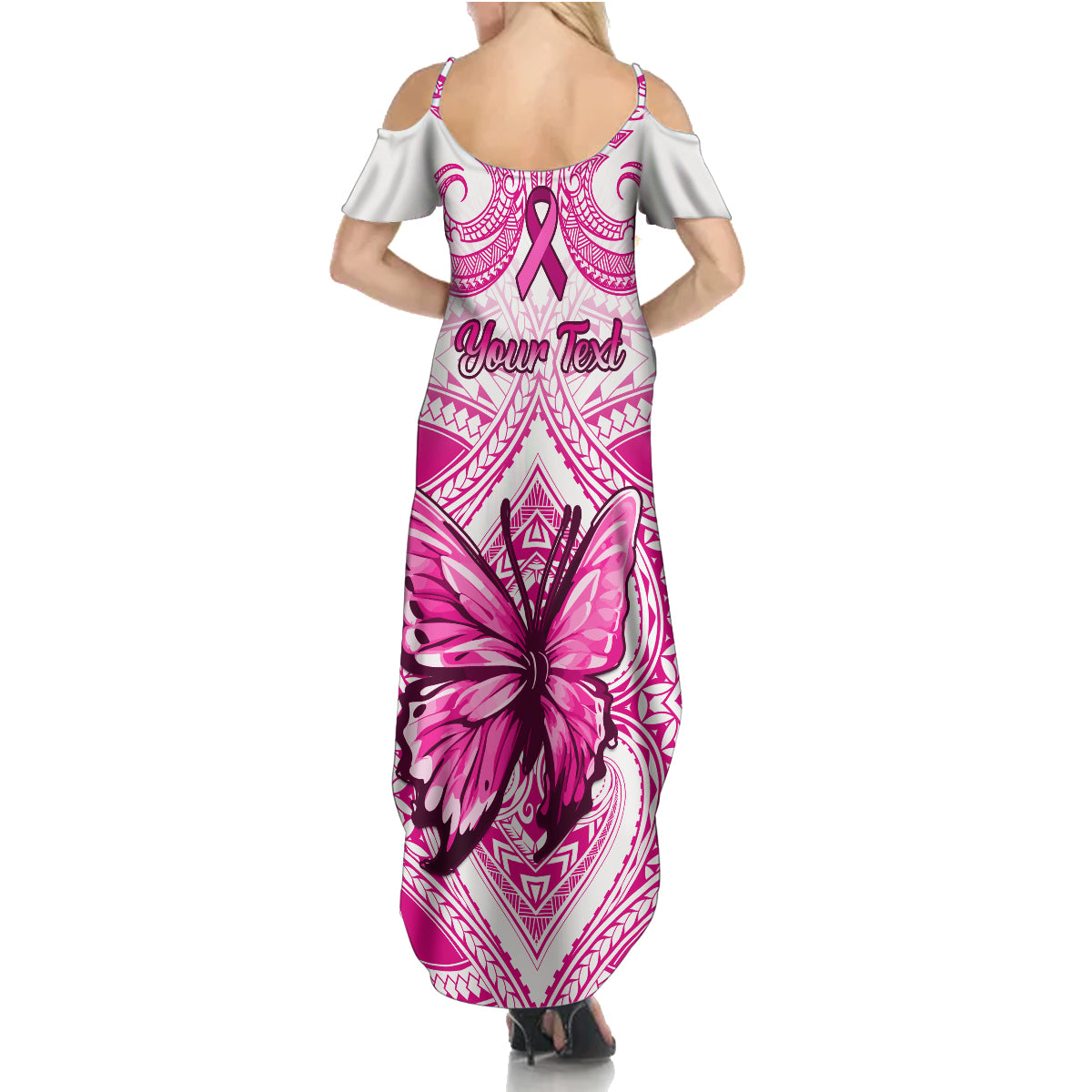 Personalised Pink Out Family Matching Summer Maxi Dress and Hawaiian Shirt Breast Cancer Awareness Polynesian Pattern White Version LT01 - Polynesian Pride
