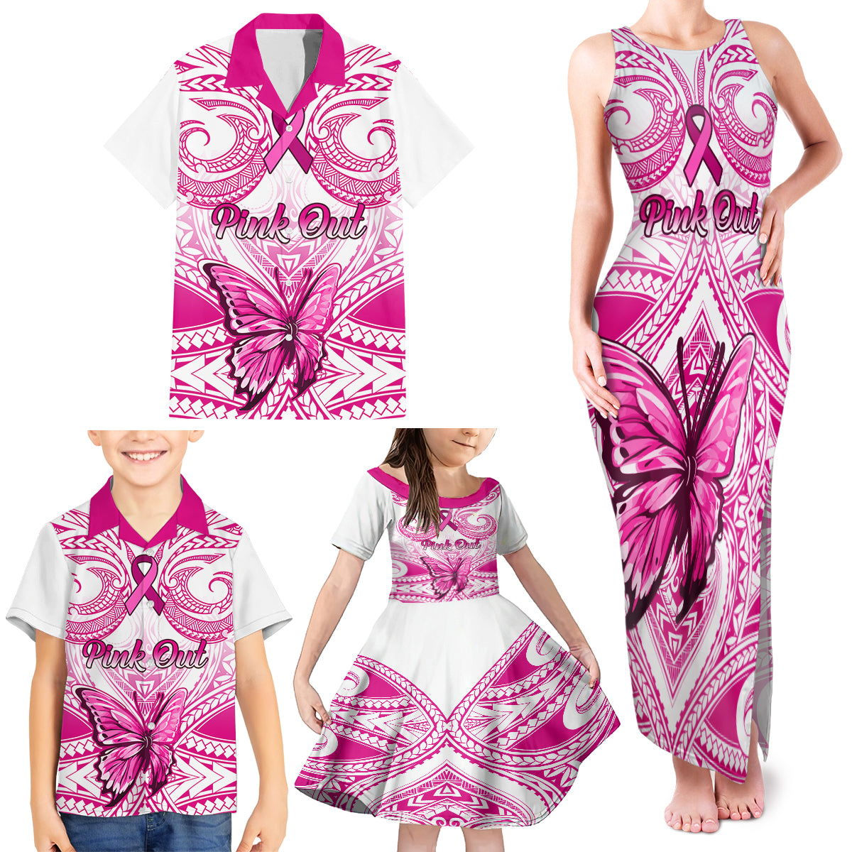 Personalised Pink Out Family Matching Tank Maxi Dress and Hawaiian Shirt Breast Cancer Awareness Polynesian Pattern White Version LT01 - Polynesian Pride