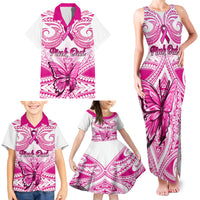 Personalised Pink Out Family Matching Tank Maxi Dress and Hawaiian Shirt Breast Cancer Awareness Polynesian Pattern White Version LT01 - Polynesian Pride