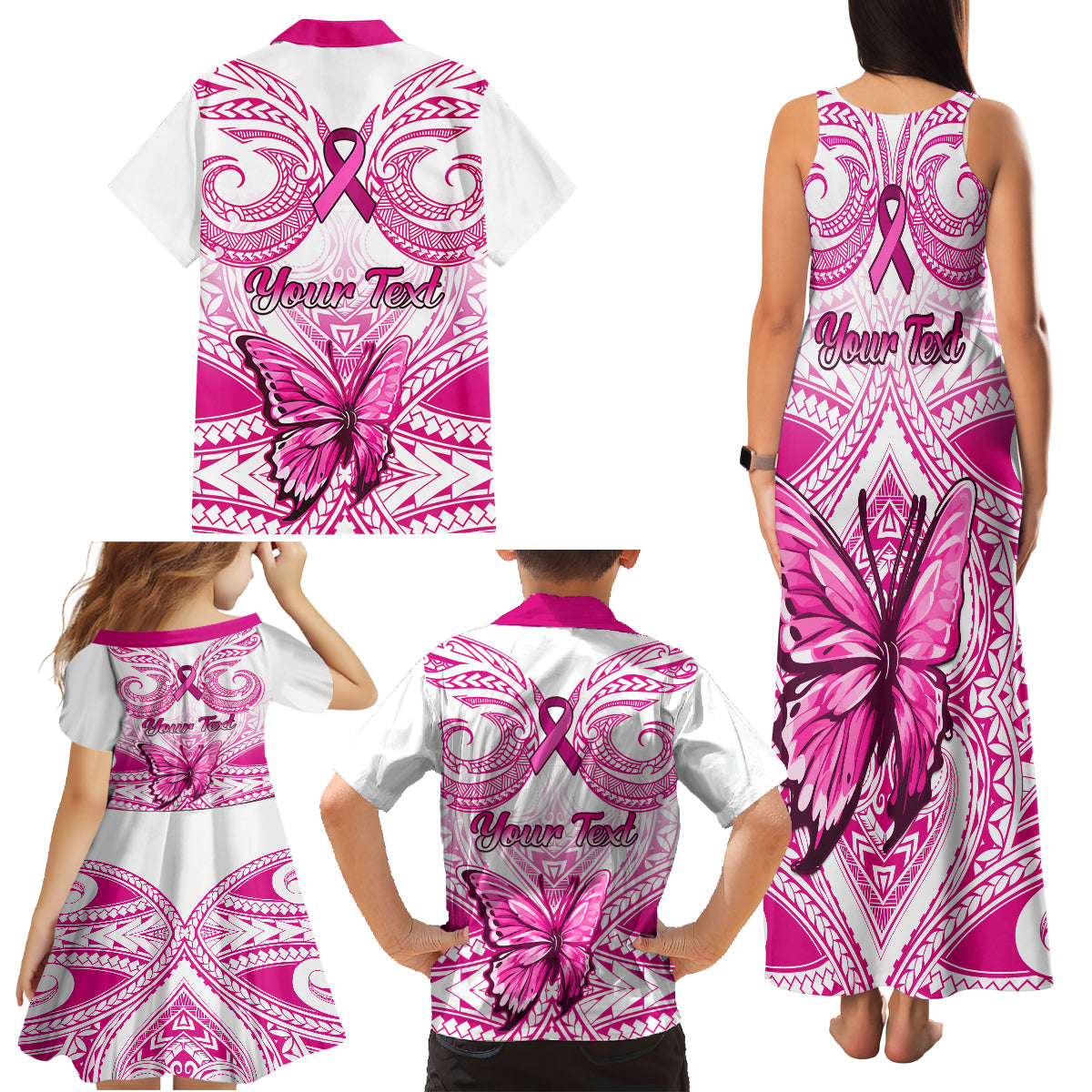 Personalised Pink Out Family Matching Tank Maxi Dress and Hawaiian Shirt Breast Cancer Awareness Polynesian Pattern White Version LT01 - Polynesian Pride