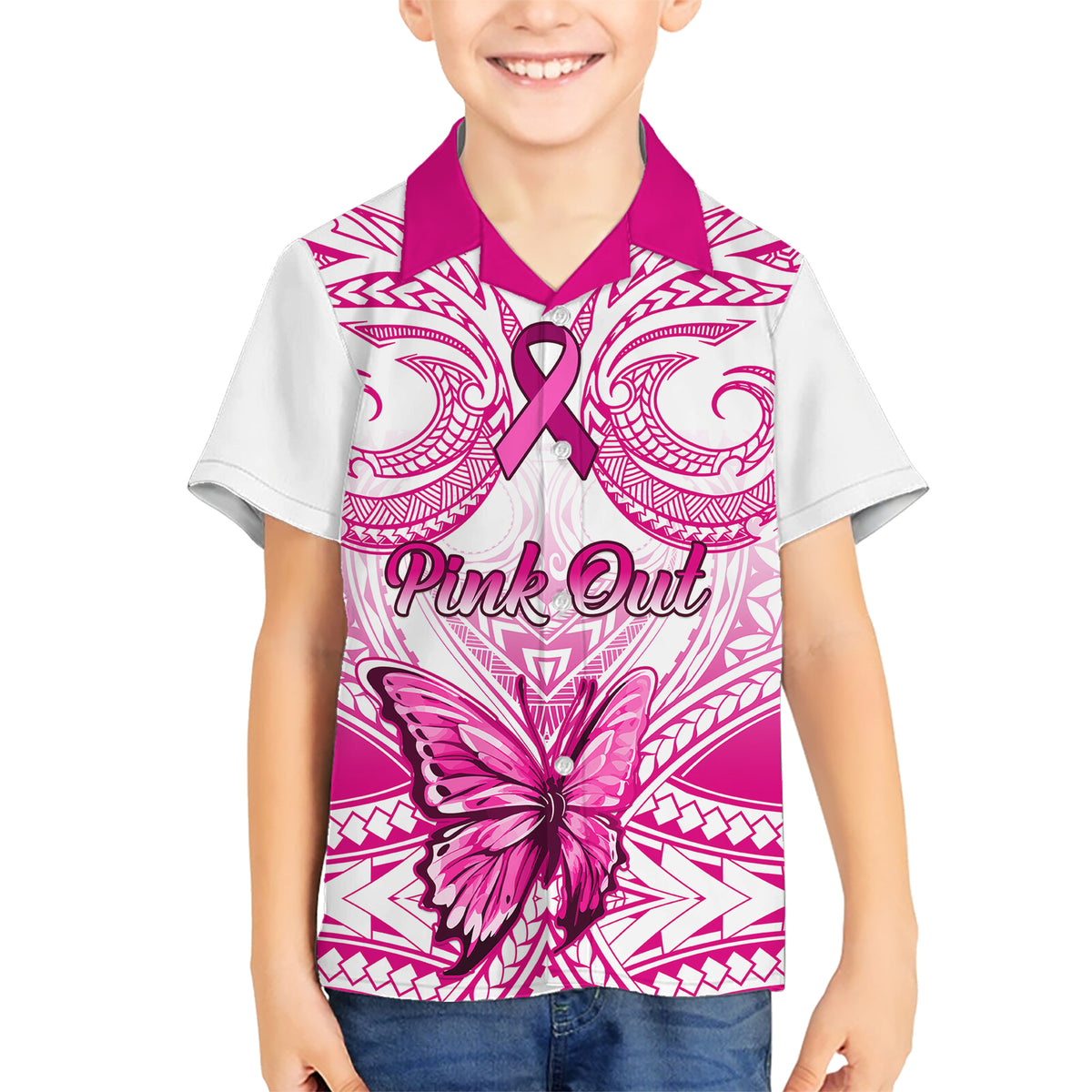 Personalised Pink Out Kid Hawaiian Shirt Breast Cancer Awareness Polynesian Pattern White Version LT01 Kid White - Polynesian Pride