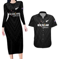 Custom Football New Zealand Couples Matching Long Sleeve Bodycon Dress and Hawaiian Shirt Aotearoa United Black Version LT01 Black - Polynesian Pride