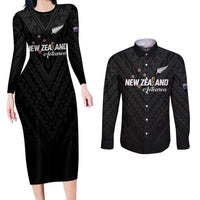 Custom Football New Zealand Couples Matching Long Sleeve Bodycon Dress and Long Sleeve Button Shirt Aotearoa United Black Version LT01 Black - Polynesian Pride