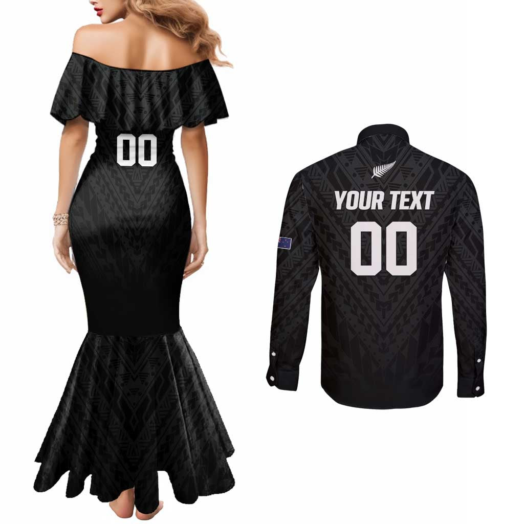 Custom Football New Zealand Couples Matching Mermaid Dress and Long Sleeve Button Shirt Aotearoa United Black Version LT01 - Polynesian Pride