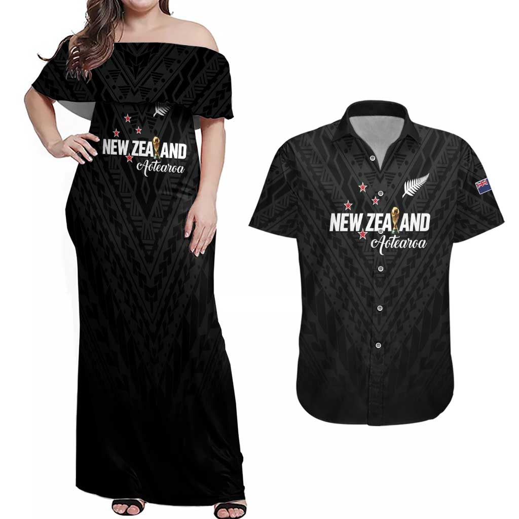Custom Football New Zealand Couples Matching Off Shoulder Maxi Dress and Hawaiian Shirt Aotearoa United Black Version LT01 Black - Polynesian Pride