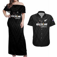Custom Football New Zealand Couples Matching Off Shoulder Maxi Dress and Hawaiian Shirt Aotearoa United Black Version LT01 Black - Polynesian Pride