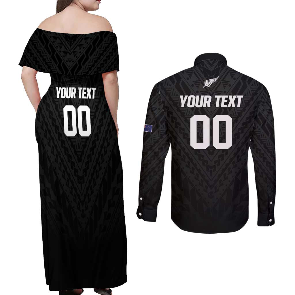 Custom Football New Zealand Couples Matching Off Shoulder Maxi Dress and Long Sleeve Button Shirt Aotearoa United Black Version LT01 - Polynesian Pride