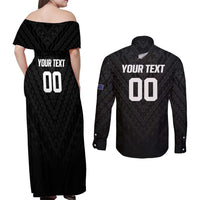 Custom Football New Zealand Couples Matching Off Shoulder Maxi Dress and Long Sleeve Button Shirt Aotearoa United Black Version LT01 - Polynesian Pride