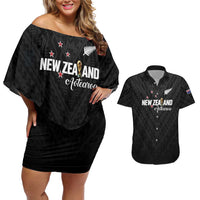 Custom Football New Zealand Couples Matching Off Shoulder Short Dress and Hawaiian Shirt Aotearoa United Black Version LT01 Black - Polynesian Pride