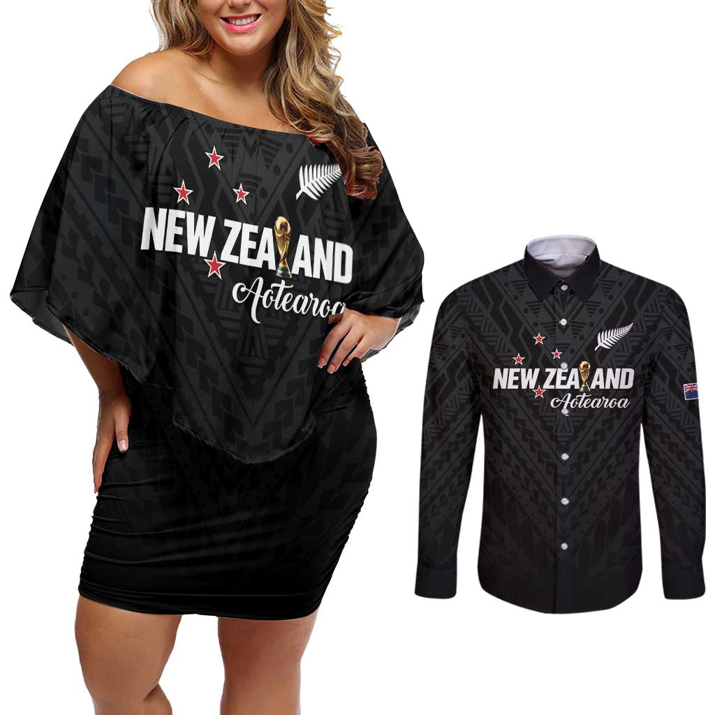 Custom Football New Zealand Couples Matching Off Shoulder Short Dress and Long Sleeve Button Shirt Aotearoa United Black Version LT01 Black - Polynesian Pride