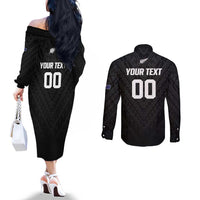 Custom Football New Zealand Couples Matching Off The Shoulder Long Sleeve Dress and Long Sleeve Button Shirt Aotearoa United Black Version LT01 - Polynesian Pride
