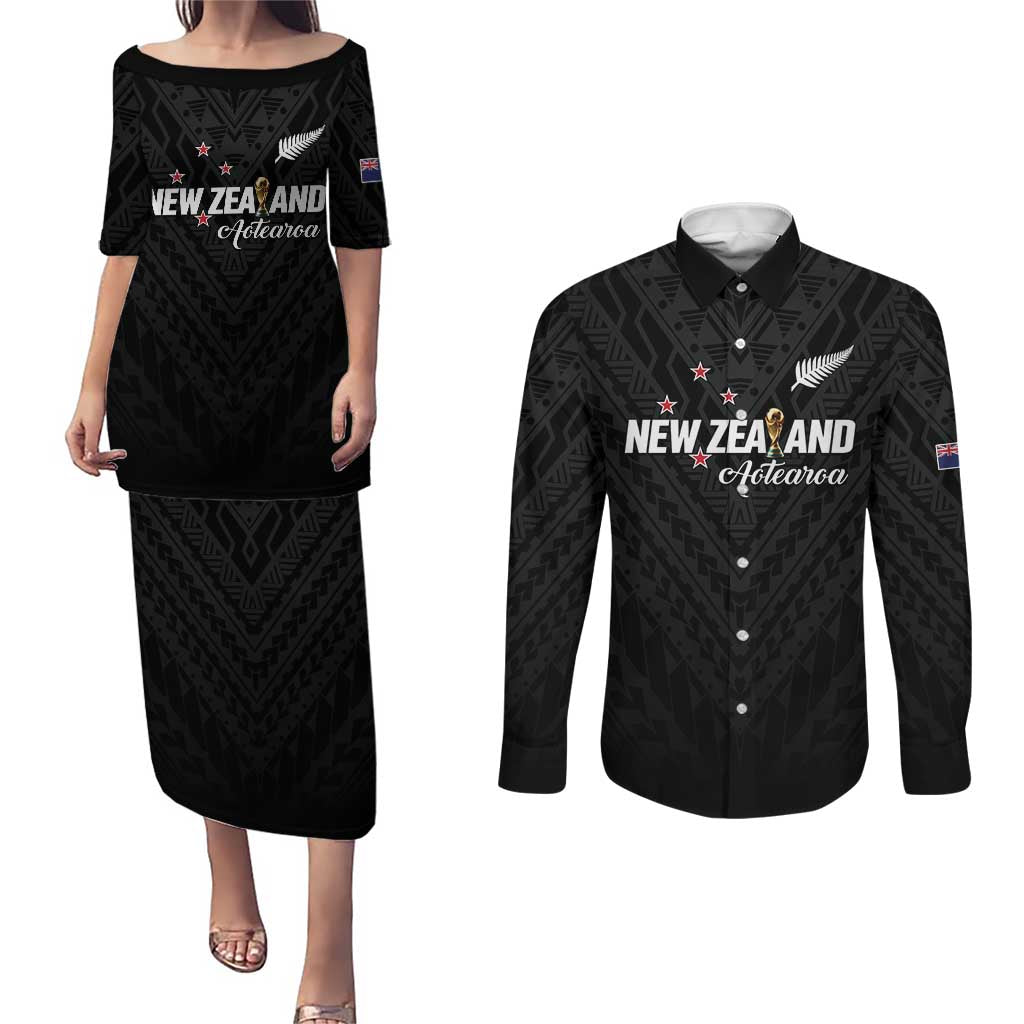 Custom Football New Zealand Couples Matching Puletasi and Long Sleeve Button Shirt Aotearoa United Black Version - Polynesian Pride