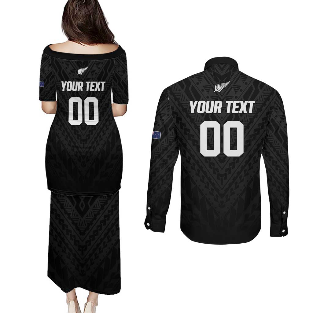 Custom Football New Zealand Couples Matching Puletasi and Long Sleeve Button Shirt Aotearoa United Black Version LT01 - Polynesian Pride