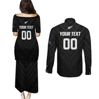 Custom Football New Zealand Couples Matching Puletasi and Long Sleeve Button Shirt Aotearoa United Black Version LT01 - Polynesian Pride