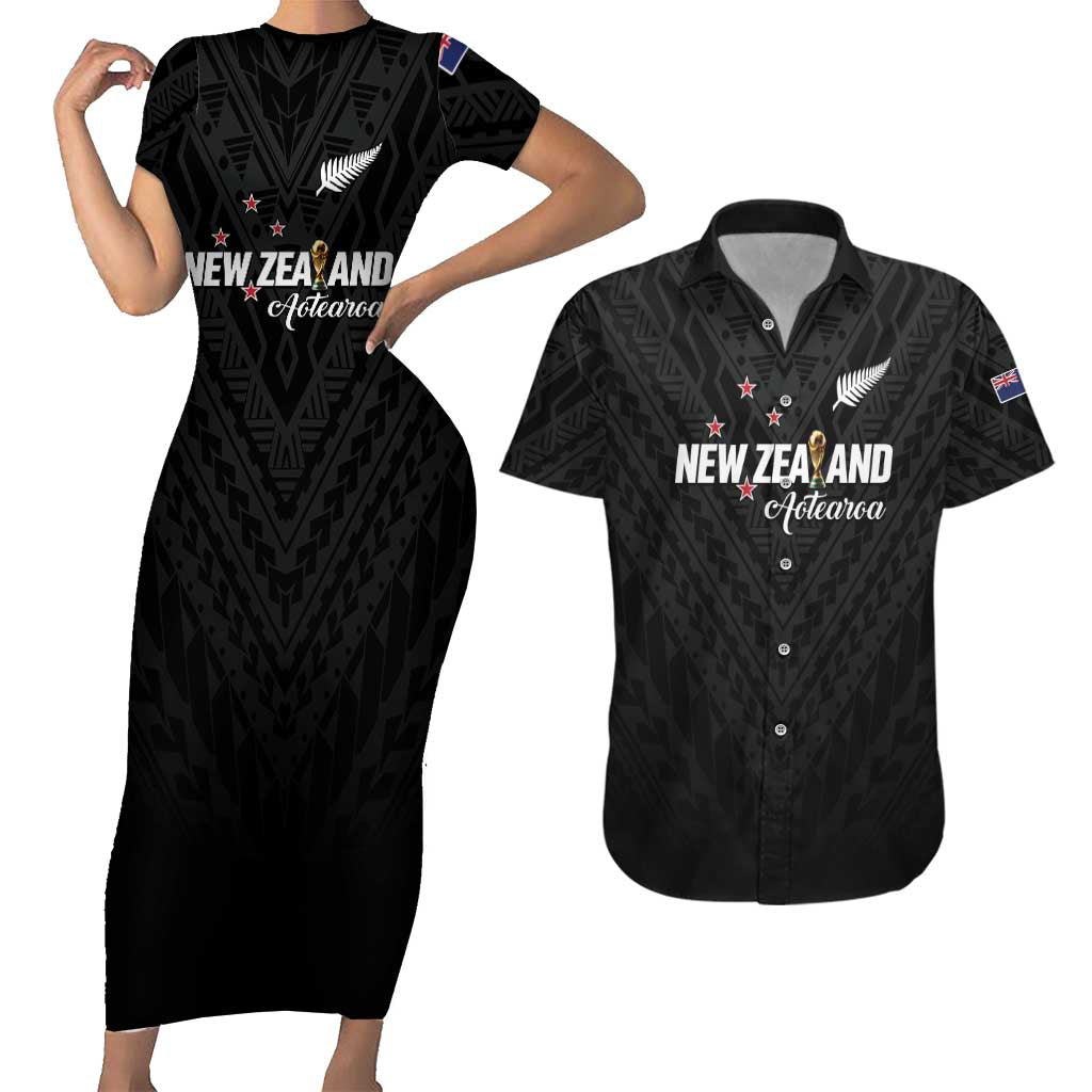 Custom Football New Zealand Couples Matching Short Sleeve Bodycon Dress and Hawaiian Shirt Aotearoa United Black Version LT01 Black - Polynesian Pride