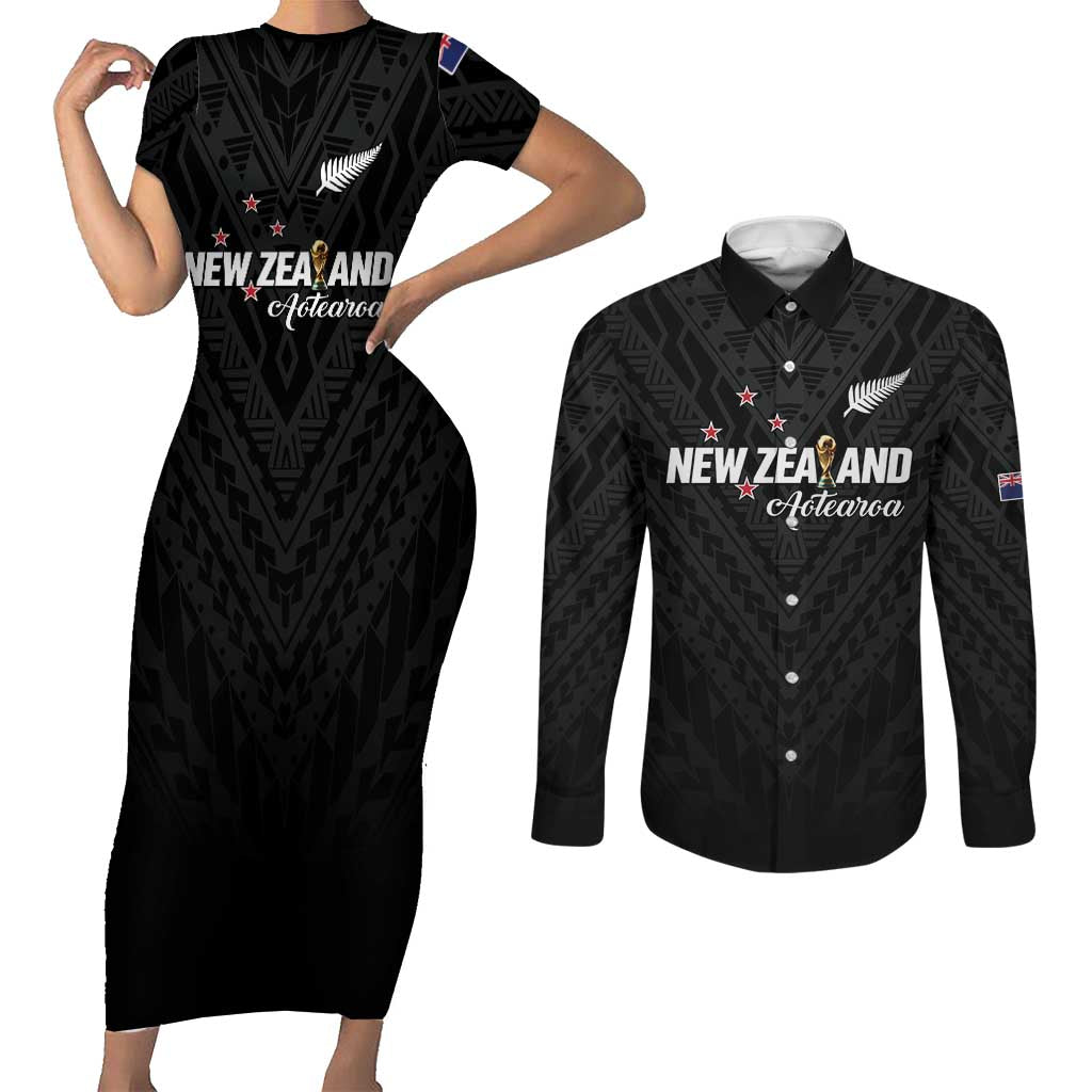Custom Football New Zealand Couples Matching Short Sleeve Bodycon Dress and Long Sleeve Button Shirt Aotearoa United Black Version - Polynesian Pride