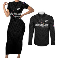 Custom Football New Zealand Couples Matching Short Sleeve Bodycon Dress and Long Sleeve Button Shirt Aotearoa United Black Version LT01 Black - Polynesian Pride