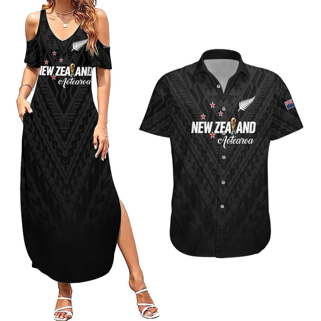 Custom Football New Zealand Couples Matching Summer Maxi Dress and Hawaiian Shirt Aotearoa United Black Version LT01 Black - Polynesian Pride