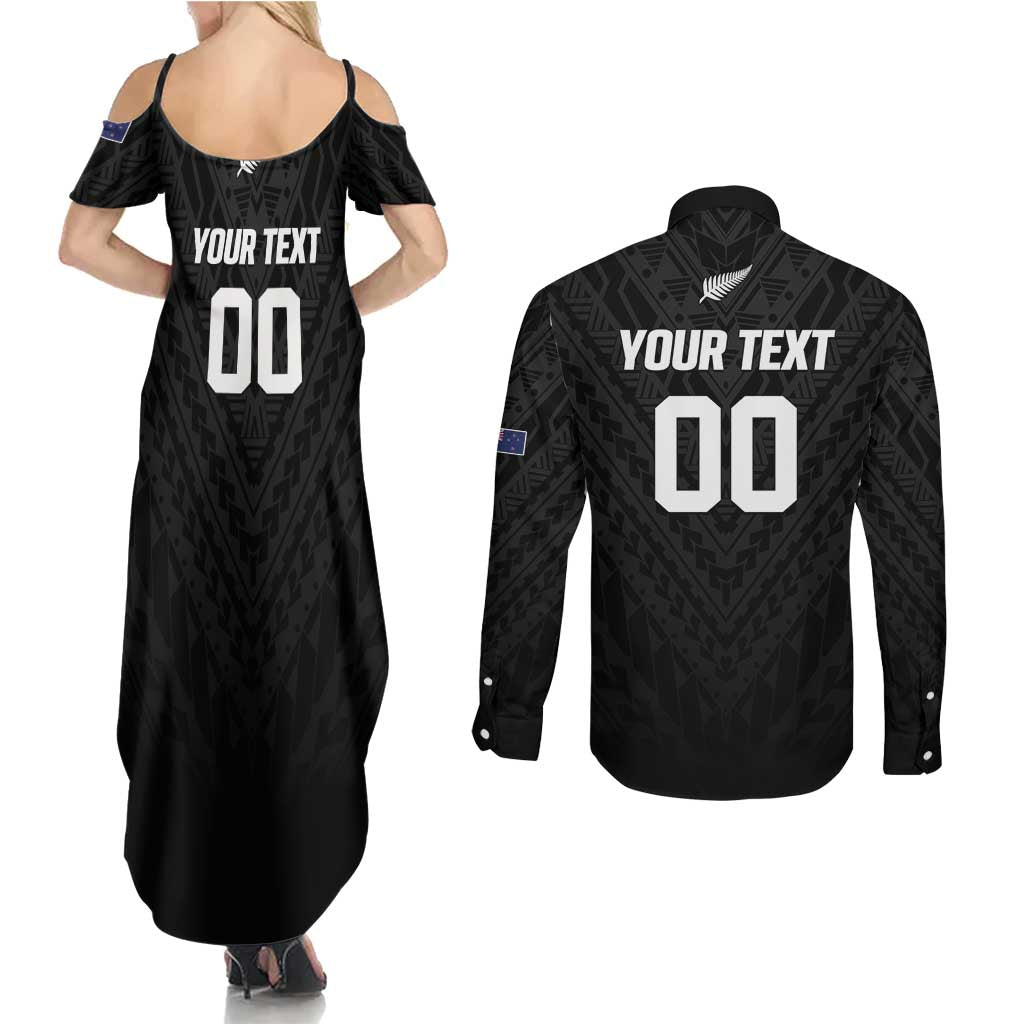 Custom Football New Zealand Couples Matching Summer Maxi Dress and Long Sleeve Button Shirt Aotearoa United Black Version LT01 - Polynesian Pride
