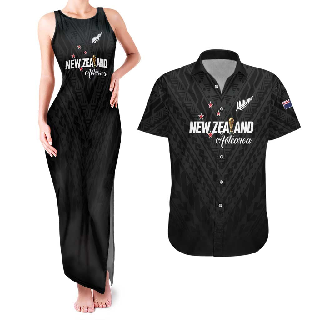 Custom Football New Zealand Couples Matching Tank Maxi Dress and Hawaiian Shirt Aotearoa United Black Version LT01 Black - Polynesian Pride